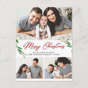 Watercolor Holly Berry Christmas 3 PHOTO Greeting Postcard