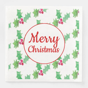 Watercolor Holly Berry Christmas Napkins