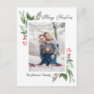 Watercolor Holly Berry Christmas PHOTO Greeting Postcard