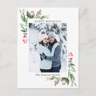 Watercolor Holly Berry Christmas PHOTO Greeting Postcard