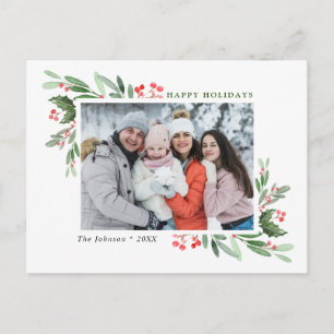 Watercolor Holly Berry Christmas PHOTO Greeting Postcard