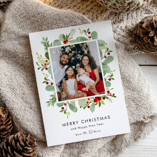 Watercolor Holly Berry Christmas Photo Holiday Card