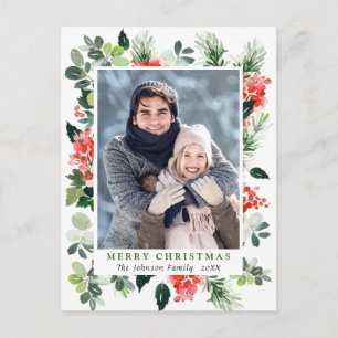 Watercolor Holly Berry Christmas PHOTO Holiday Postcard