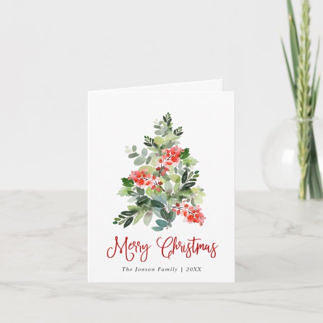 Watercolor Holly Berry Christmas Tree Greeting Holiday Card (Front)