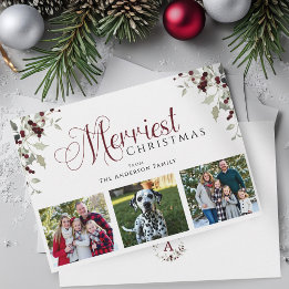 Watercolor Holly Berry Family Photo Christmas Card