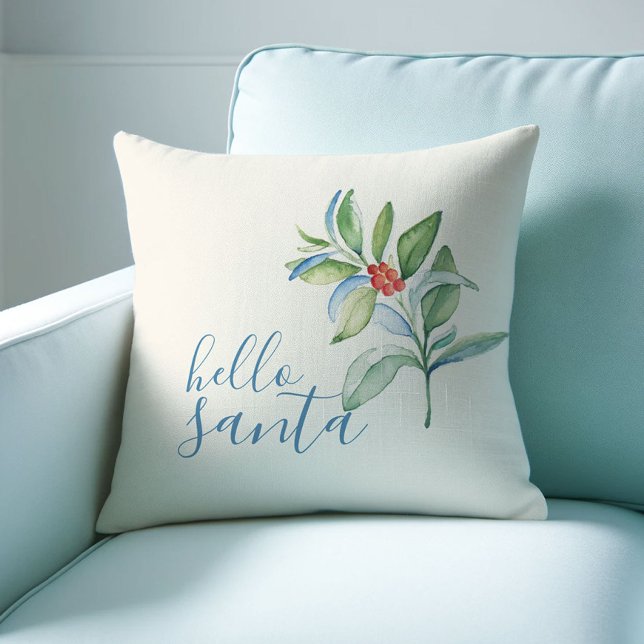 Watercolor Holly Berry Farmhouse Christmas Holiday Throw Pillow (Christmas throw pillow watercolor botanical art by Victoria Grigaliunas of Do Tell A Belle)