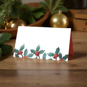 Watercolor Holly Berry Foliage   Holiday Place Card