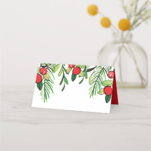 Watercolor Holly Berry Foliage Holiday Place Card