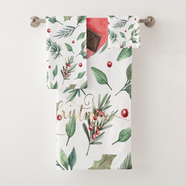 Watercolor Holly Berry Greenery Bath Towel Set (Insitu)