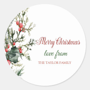 Watercolor Holly Berry Greenery Classic Round Sticker