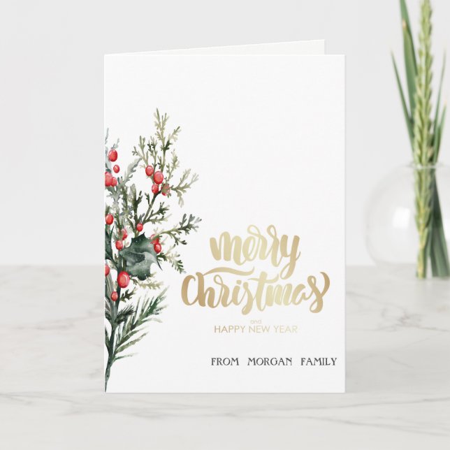 Watercolor Holly Berry Greenery Holiday Card (Front)