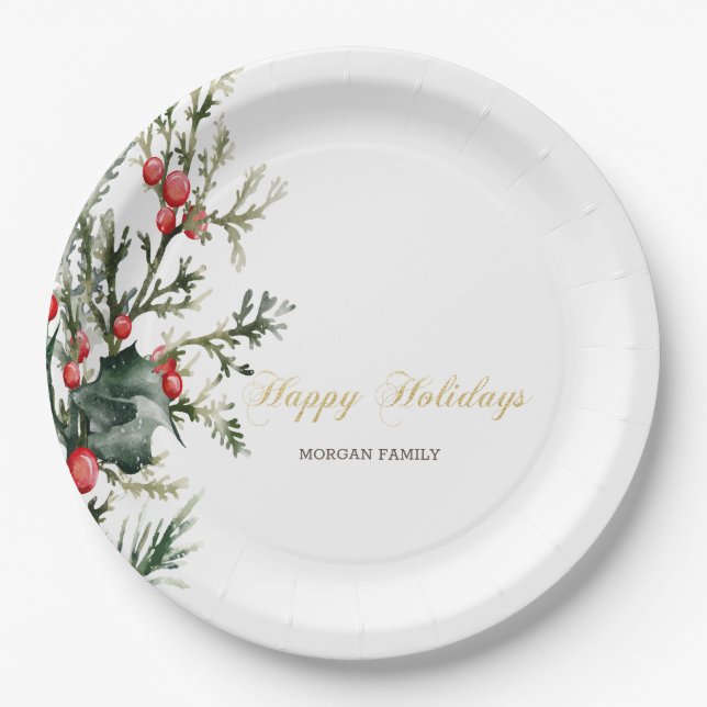 Watercolor Holly Berry Greenery Paper Plate (Front)