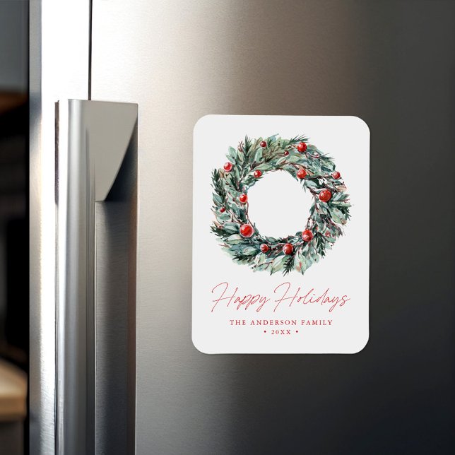 Watercolor Holly Berry & Greenery Wreath Holiday Magnet (Creator Uploaded)