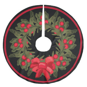 Watercolor Holly Berry Wreath And Red Ribbon Brushed Polyester Tree Skirt