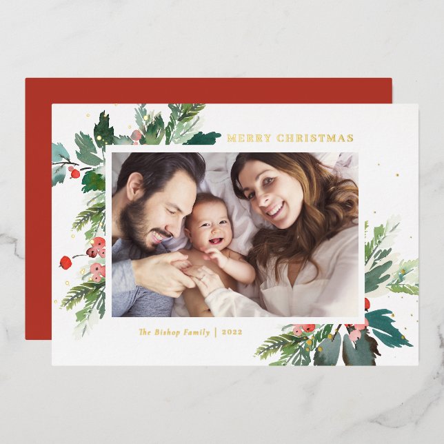 Watercolor Holly Botanical Christmas Photo Foil Holiday Card (Front/Back)