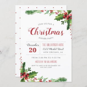 Watercolor Holly Branches Christmas Dinner Party Invitation