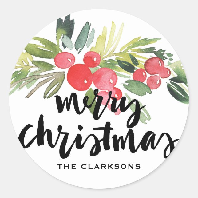 Watercolor Holly Brush Calligraphy Merry Christmas Classic Round Sticker (Front)