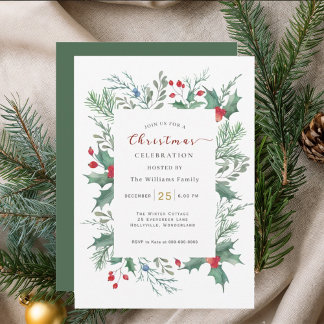 Watercolor Holly Christmas Celebration Invitation