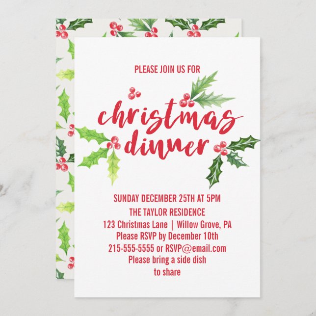 Watercolor Holly Christmas Dinner Invitation (Front/Back)