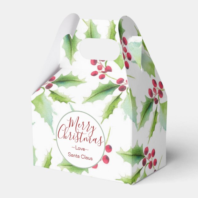 Watercolor Holly Christmas Favour Boxes  (Front Side)