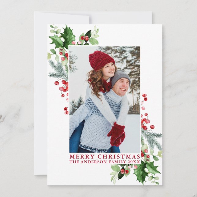 Watercolor Holly Christmas Greenery Photo Red Holiday Card (Front)
