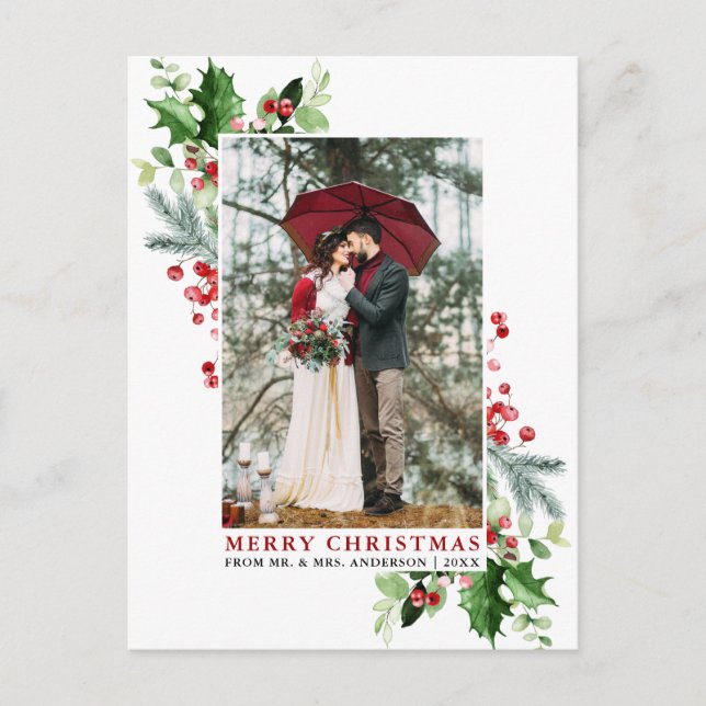 Watercolor Holly Christmas Greenery Wedding Red Postcard (Front)