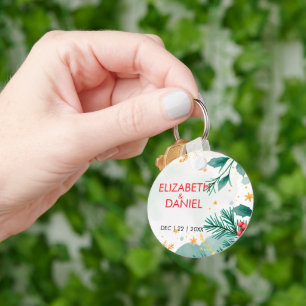 Watercolor Holly Christmas Wedding Keychain 