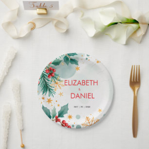Watercolor Holly Christmas Wedding Paper Plates 
