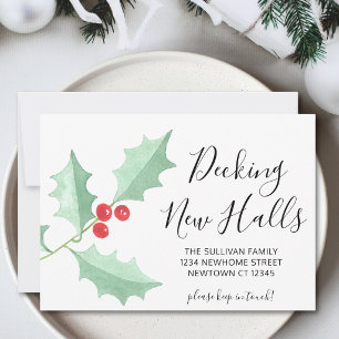 Watercolor Holly Decking New Halls Festive Moving Announcement