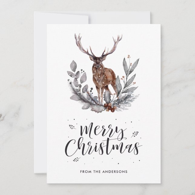 Watercolor Holly Deer Calligraphie Cartes de Noël (Devant)