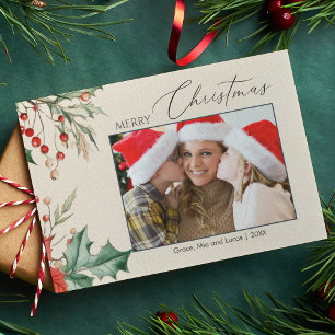 Watercolor Holly Family Photo Christmas Holiday Card