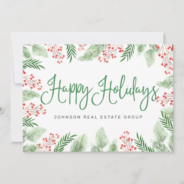 Watercolor Holly Foliage and Berries Holiday Card (Front)