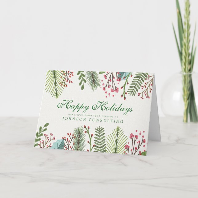 Watercolor Holly Foliage | Holiday Greetings (Front)