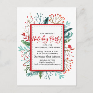 Watercolor Holly Foliage Holiday Party Invitation Postcard