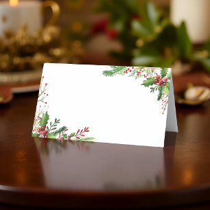 Watercolor Holly Foliage Holiday Place Card
