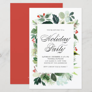 Watercolor Holly Greenery Holiday Party Invitation