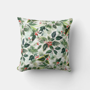 Watercolor Holly Greenery Pattern Christmas Throw Pillow