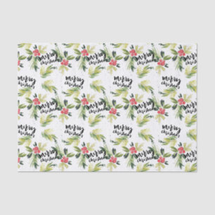 Watercolor Holly Greenery Pattern Merry Christmas Tissue Paper