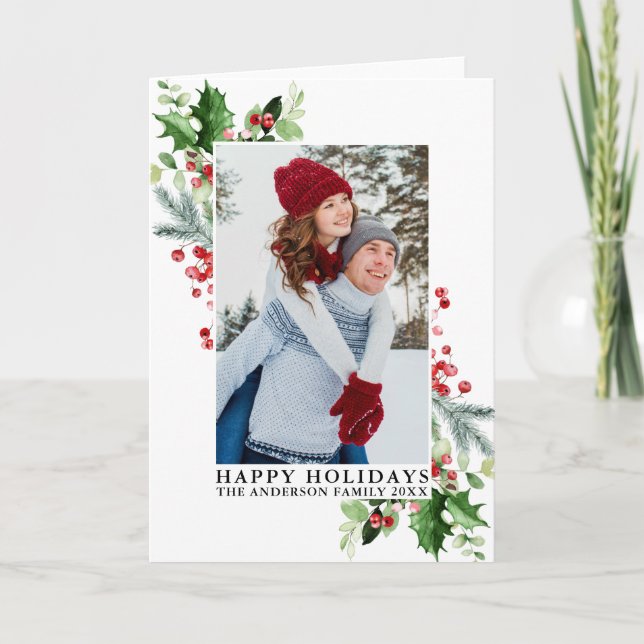 Watercolor Holly Greenery Photo Folded Holiday Card (Front)