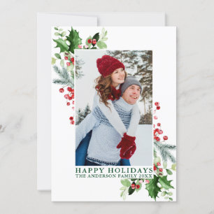 Watercolor Holly Greenery Photo Green Holiday Card