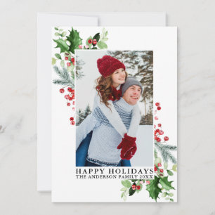 Watercolor Holly Greenery Photo Holiday Card