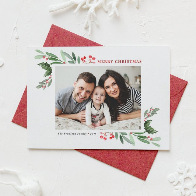Watercolor Holly Greenery Photo Merry Christmas Holiday Card (Customizable photo Christmas card featuring watercolor red winterberry and greenery)