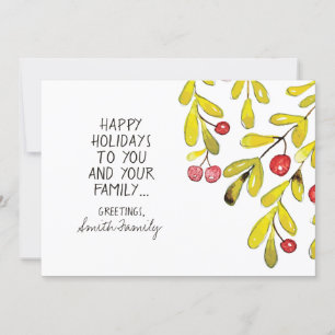Watercolor Holly Happy Holiday Greetings Card