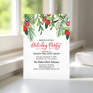 Watercolor Holly Holiday Party Invitation