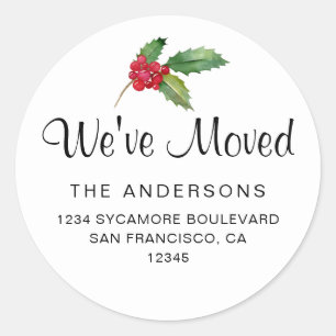 Watercolor Holly Holiday We’ve Moved Classic Round Sticker