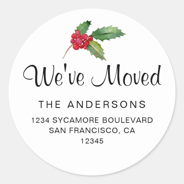 Watercolor Holly Holiday We’ve Moved Classic Round Sticker (Front)