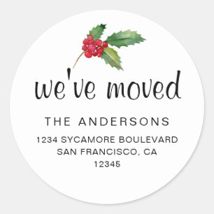 Watercolor Holly Holiday We’ve Moved Classic Round Sticker
