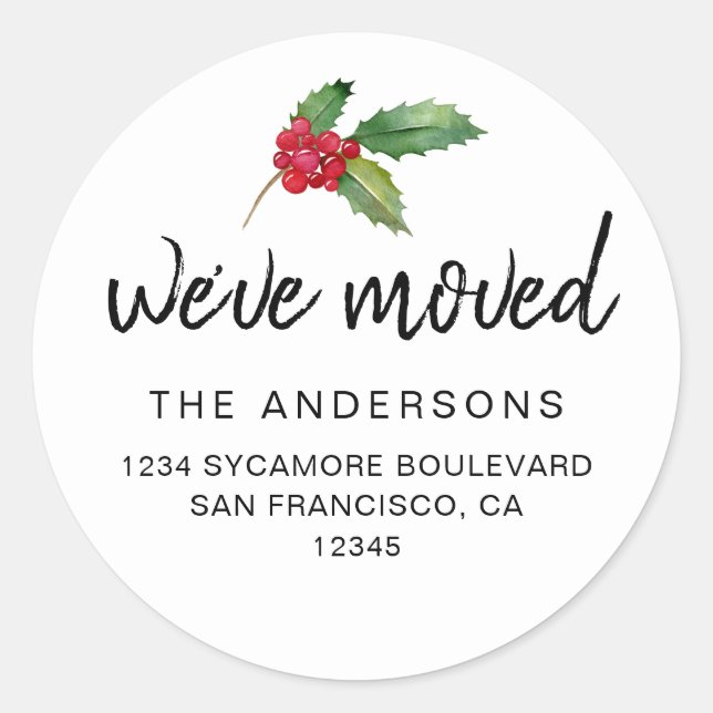 Watercolor Holly Holiday We’ve Moved Classic Round Sticker (Front)