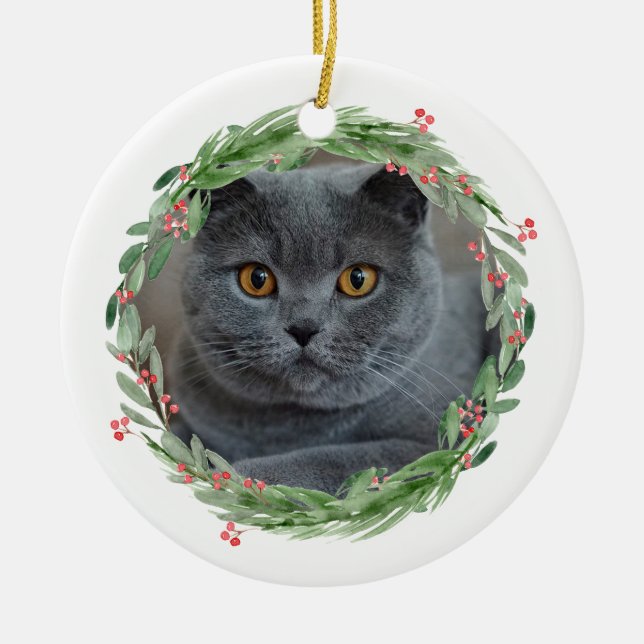 Watercolor Holly Jolly Christmas Pet Photo Ceramic Ornament (Front)