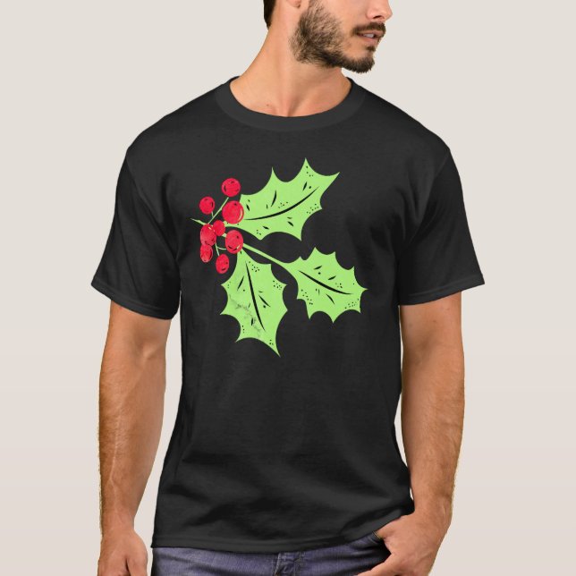 Watercolor Holly Leaves and Berries T-Shirt (Front)